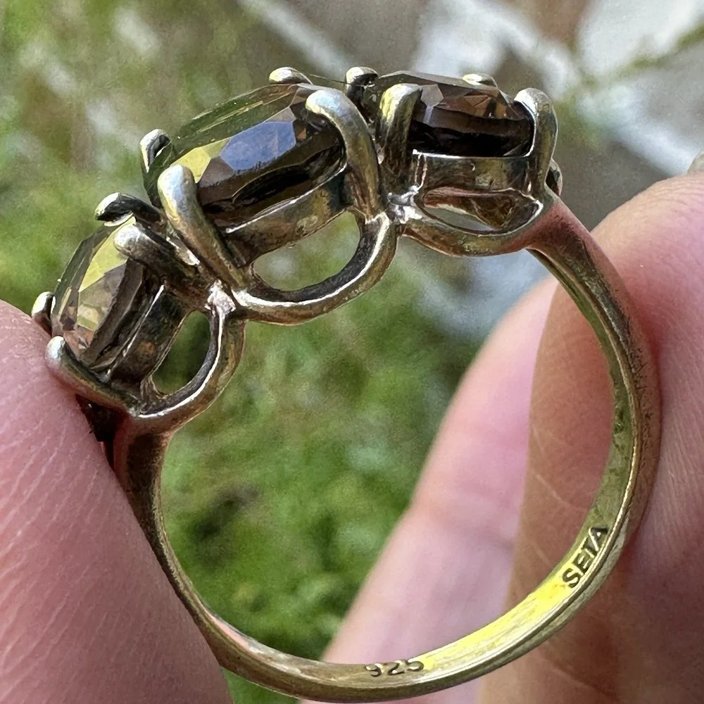 SETA  Accent Ring Size‎ 8 Triple Smoky Quartz Gems Gold Plated 925 Sterling 4.4g